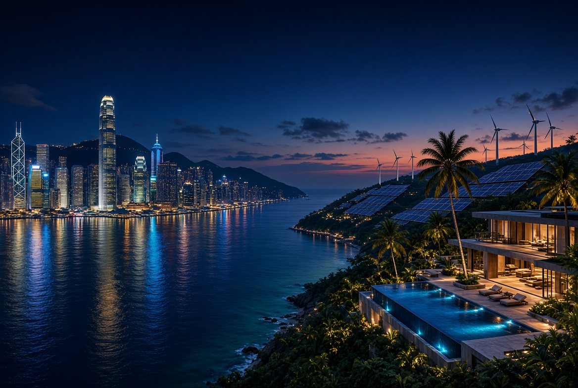 Hong Kong at night across the water, with a Caribbean residence, solar field and wind turbines on the opposite shore.